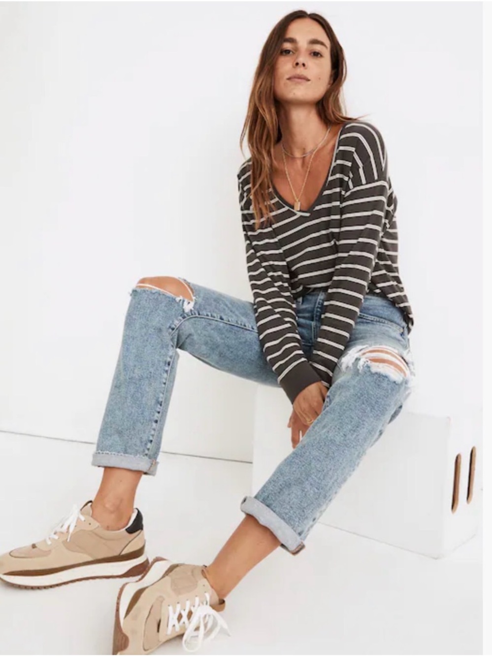 Madewell Charcoal and White Striped V-Neck Sweater